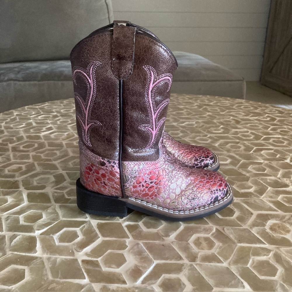 NEW!  Old West toddler square toe cowboy boots in antique pink/brown/crackle - Picture 9 of 9